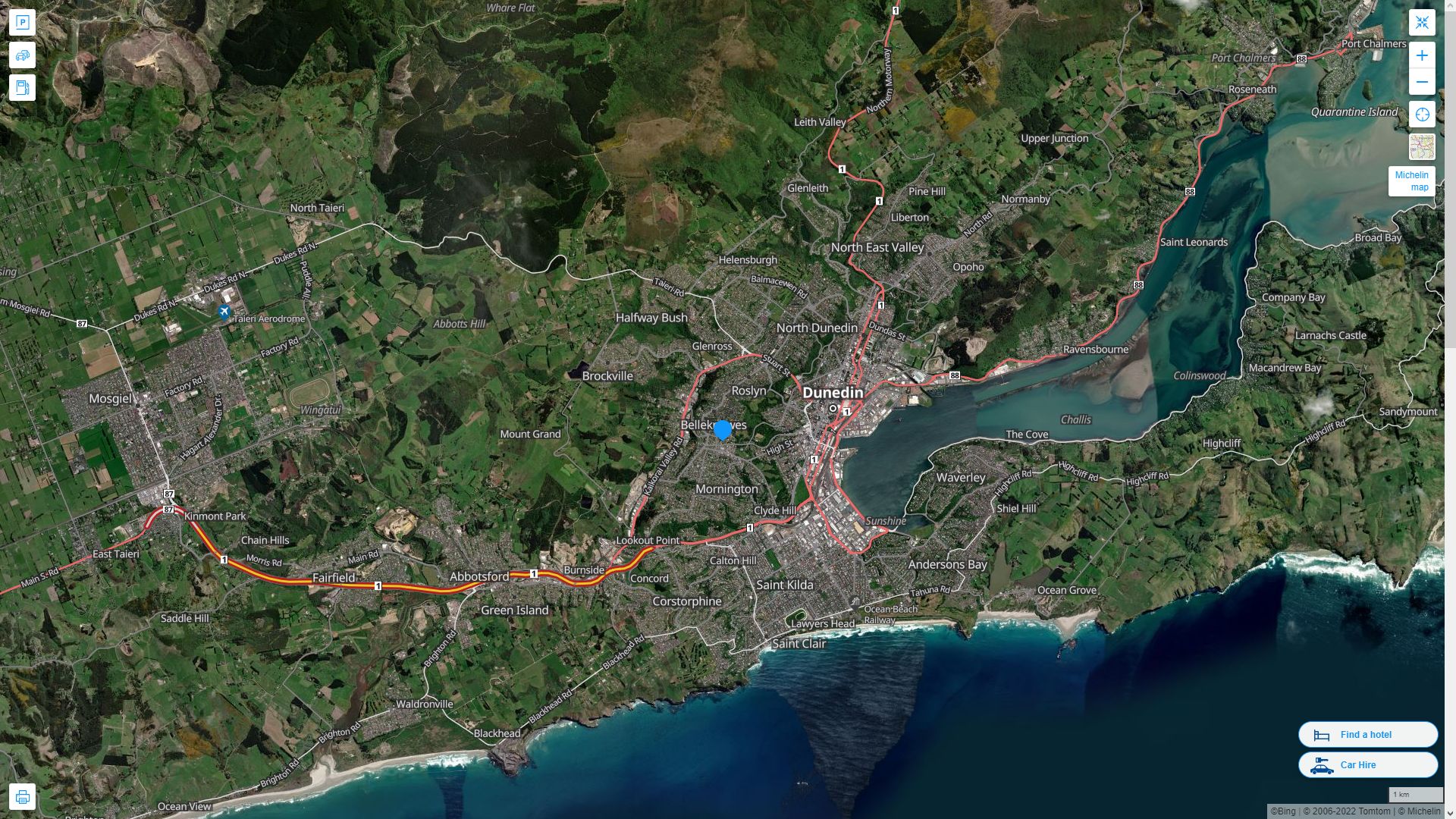 Dunedin Nouvelle Zelande Autoroute et carte routiere avec vue satellite